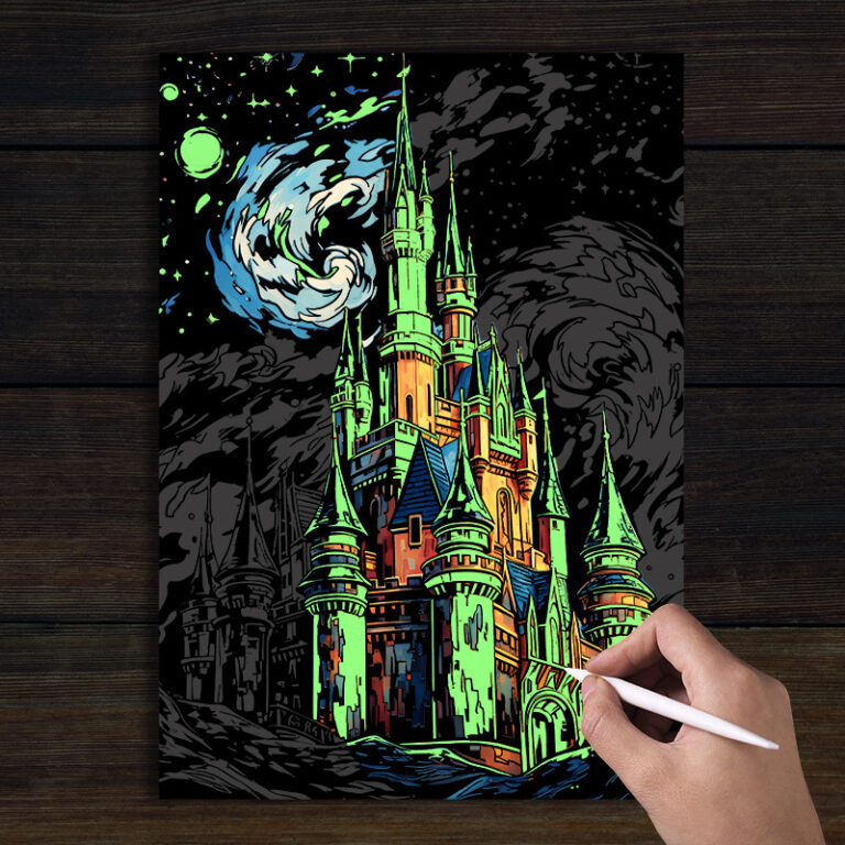 skretç rəsm neon parldaya saray, scratch art castle