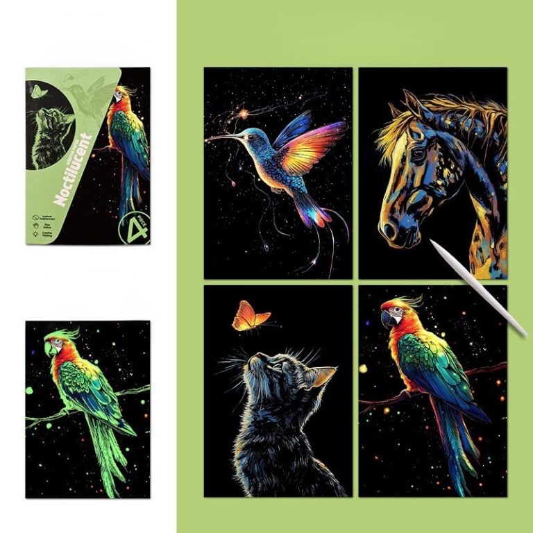 skretç rəsm seti neon, pişik, papuqay ay, kolibri, neon scratch art set