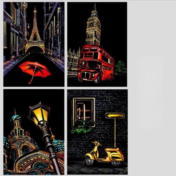 skretç rəsm seti romantik şəhər, scratch art romantic city
