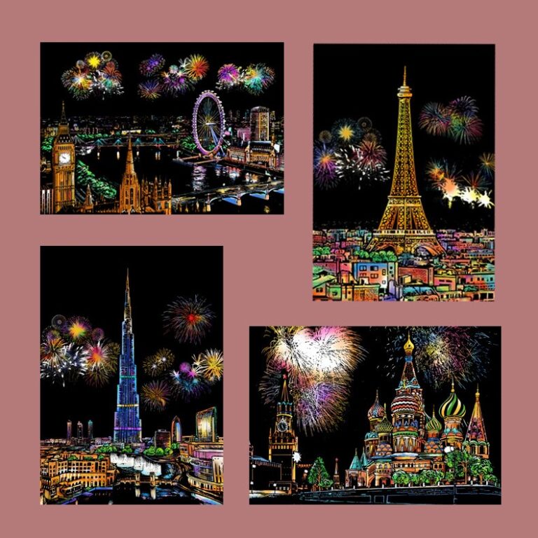 məhşur şəhərlər skretç rəsm seti, scratch art set famous cities